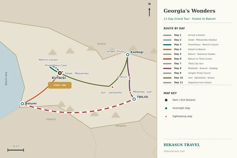 Ilustrovaná mapa trasy 11denní gruzínské grand tour se základnami v Kutaisi, Batumi, Tbilisi a Kazbegi, s Gelati a Mocameta, Prométheovou jeskyní a kaňonem Martvili, pobřežím Batumi, Mcchetou a Ananuri, kostelem Nejsvětější Trojice v Gergeti u Kazbegi a s Gori a Uplisciche, s malebným vlakem z Batumi do Tbilisi