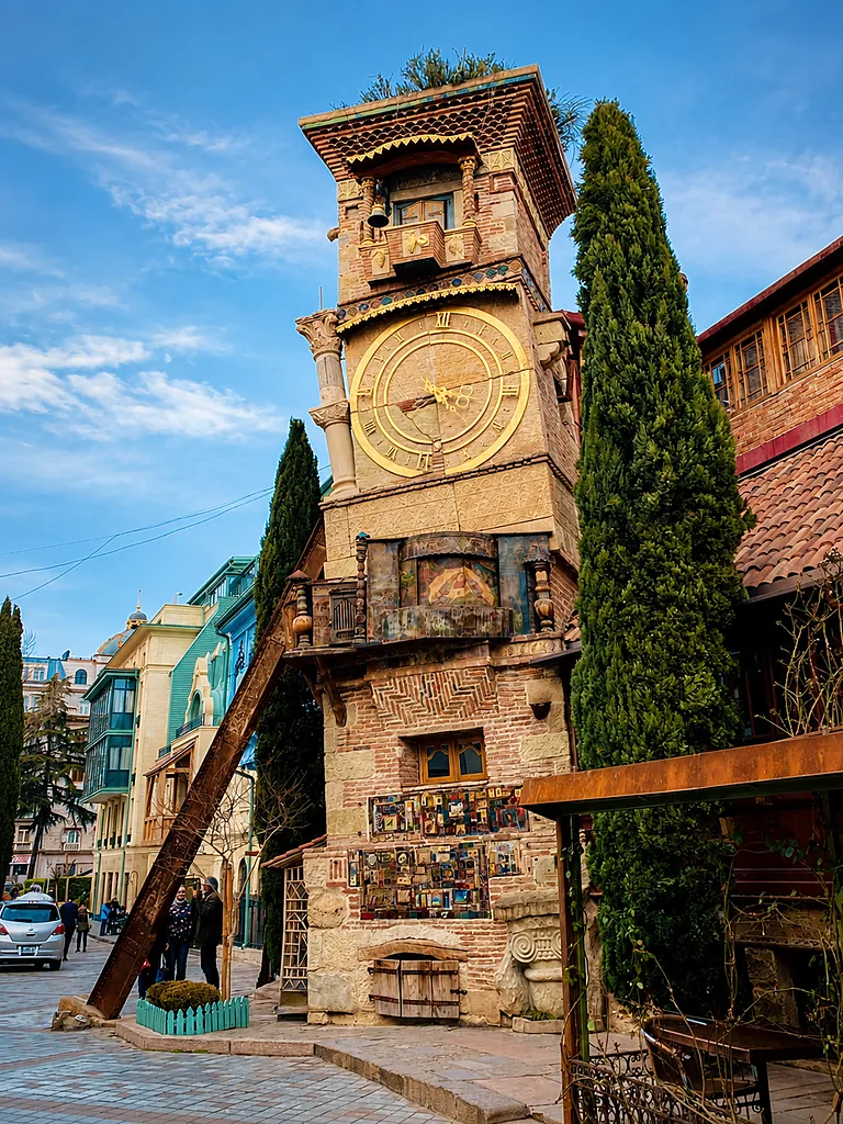 The leaning Gabriadze clock tower in Old Tbilisi, Georgia