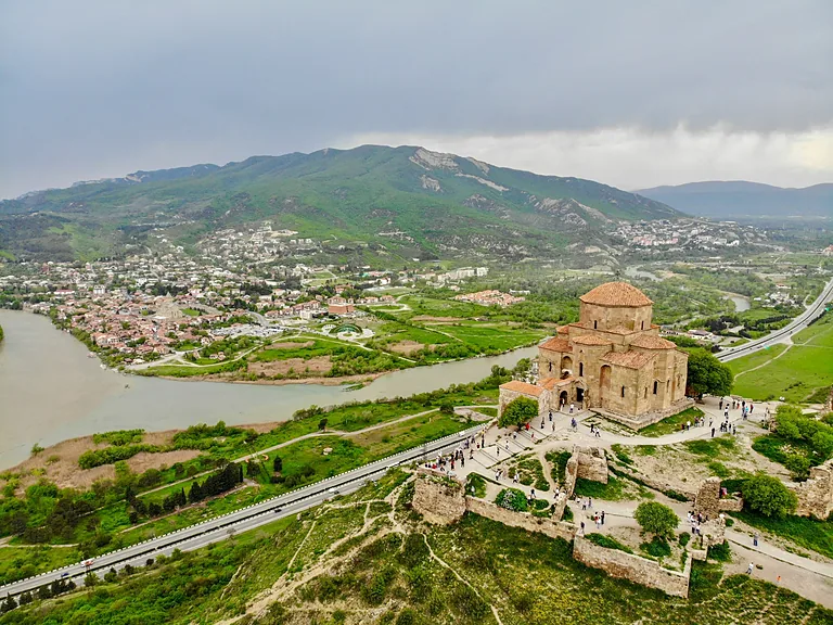 Aerial view of Jvari Monastery above Mtskheta, a UNESCO World Heritage site, Georgia