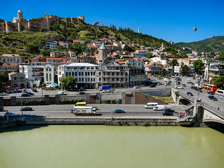 View of Old Tbilisi with Narikala Fortress and the aerial cable car, Georgia