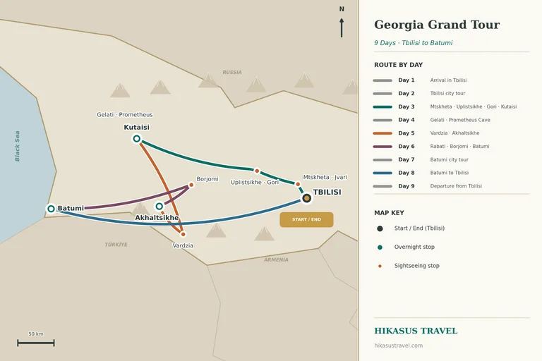 Ilustrowana mapa trasy 9-dniowej Georgia Grand Tour, z Tbilisi na zachód przez Mcchetę, Uplisciche, Gori i Kutaisi, na południe do Wardzi i Achalciche, a następnie przez Borjomi do Batumi nad Morzem Czarnym i z powrotem do Tbilisi