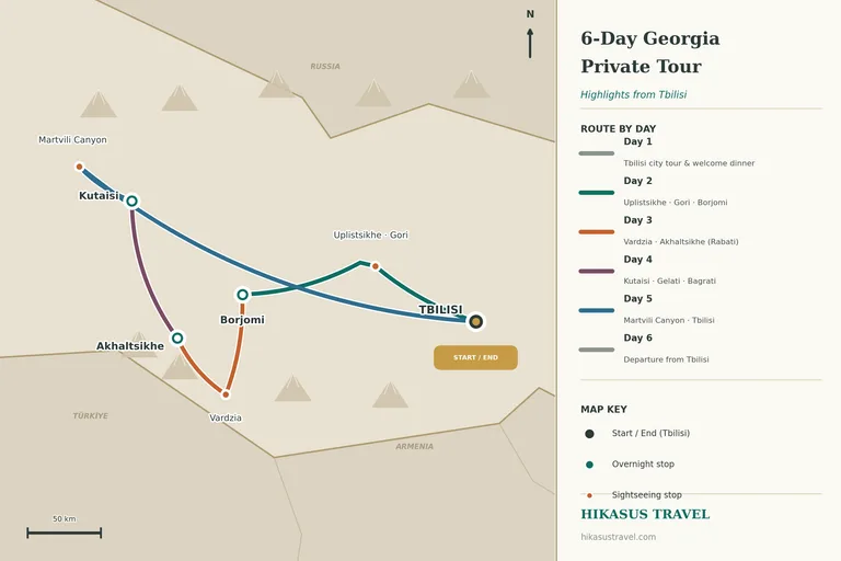 Ilustrovaná mapa trasy 6denního soukromého zájezdu po Gruzii, z Tbilisi na západ přes Uplistsikhe, Gori, Borjomi, Vardzii a Achalciche do Kutaisi a ke kaňonu Martvili, poté zpět do Tbilisi
