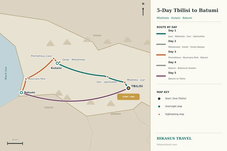 Ilustrovaná mapa trasy 5denního soukromého zájezdu z Tbilisi do Batumi, na západ přes Mtskhetu a Jvari, Gori a Uplistsikhe do Kutaisi s Gelati a Mocameta, poté k Prométheově jeskyni a po pobřeží do Batumi, před návratem do Tbilisi