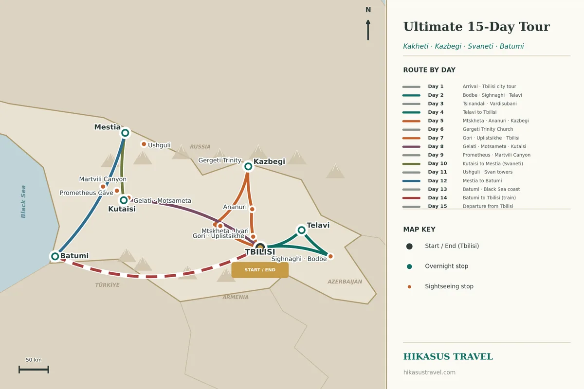 Illustrierte Routenkarte der 15-tägigen ultimativen Georgien-Reise mit Standorten in Tiflis, Telawi, Kasbegi, Kutaissi, Mestia und Batumi, mit Sighnaghi und Bodbe, Mzcheta und Ananuri, der Gergeti-Dreifaltigkeitskirche bei Kasbegi, Gori und Uplisziche, Gelati, der Prometheus-Höhle und der Martvili-Schlucht, den Swanentürmen von Mestia und Uschguli sowie der Küste von Batumi, mit einer Zugfahrt zurück nach Tiflis